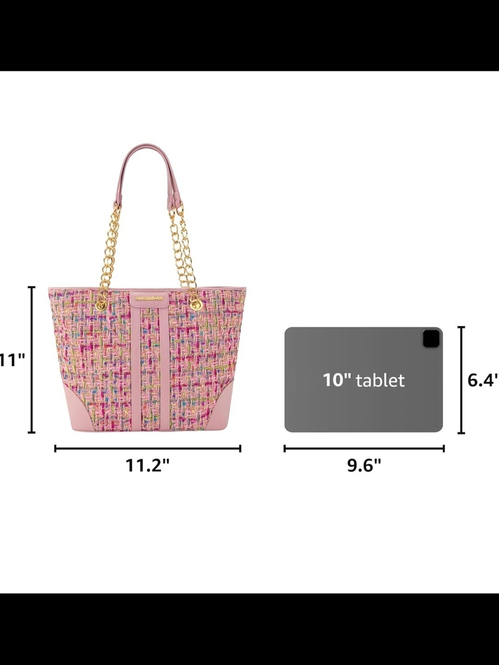 Montana West Pink Multicolor Tweed Tote with Gold Chain Straps- Fast Shipping!! - Picture 3 of 8